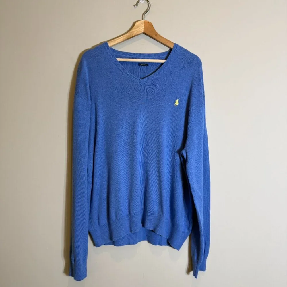 Polo Ralph Lauren Pima Cotton V-Neck Sweater Pullover Men's XL* Blue Preppy Soft